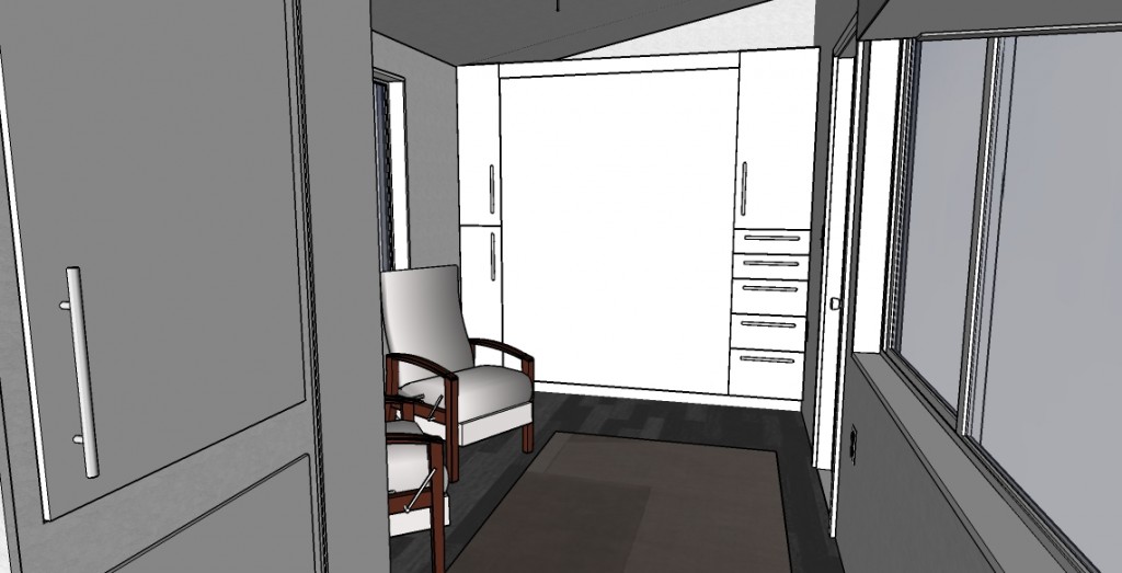 And finally, this would be the interior shot, you lose one window on the short end but gain a cool little storage shelf above... Your furnishing would also now be required to be semi movable (rather than built-ins) so that you can lower the bed.  This does also give you a little more wall space, I can see a great spot for family photos being fastened to the underside of the bed so when it is up they show!  